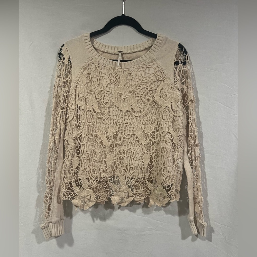 Free People Cream Crochet Lace Pullover Sweater